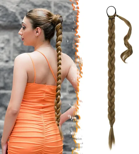 Miniatura 33 de Barsdar Extensión de 26 Pulgadas de Cola de Caballo Trenzada Larga con Banda Elástica - Extensiones de Cabello en Cola de Caballo Recta y Elegante