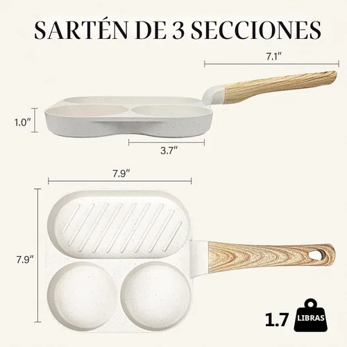 Miniatura 5 de GiPP Sartén de cerámica antiadherente para huevos, sartén dividida 3 en 1 para tortilla de desayuno, 7.9 pulgadas con mango resistente al calor
