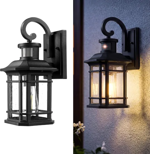 Miniatura 8 de Emliviar Luces de Farol de Pared para Exteriores, Lámpara de Aplique de Pared Exterior de 1 Luz, Acabado Negro con Vidrio Granulado Transparente