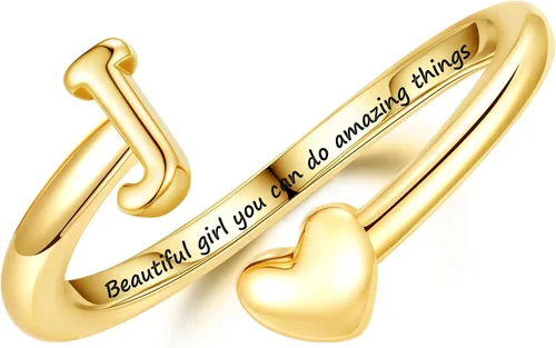 Miniatura 16 de Turandoss Regalos para el día de San Valentín para adolescentes, anillos de oro para niños, chapados en oro de 14 quilates con inicial para letra A