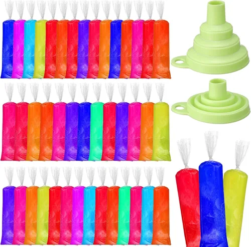 Miniatura 8 de Hoolerry 600 bolsas desechables para paletas de hielo, bolsas de plástico para helado con embudo plegable de silicona para hacer helados de yogur
