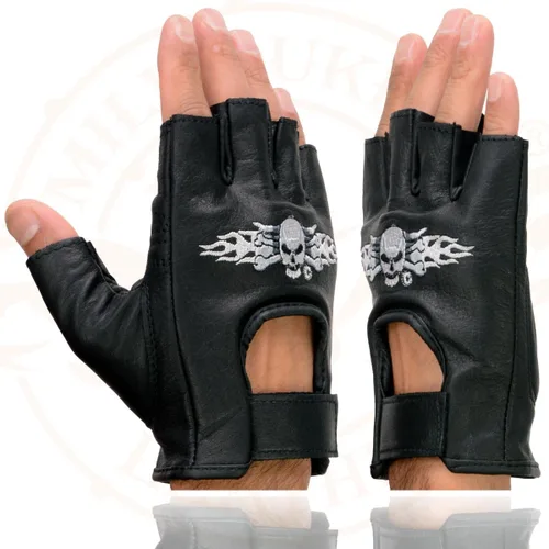 Miniatura 3 de Milwaukee Leather SH353 - Guantes de mano para motocicleta sin dedos acolchados de gel de cuero negro con calavera y huesos bordados