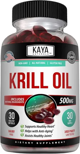Kaya Naturals - Aceite de krill antártico de 500 mg con Omega 3, EPA, DHA, fosfolípidos y suplemento de astaxantina - Vitamina para el cerebro y la