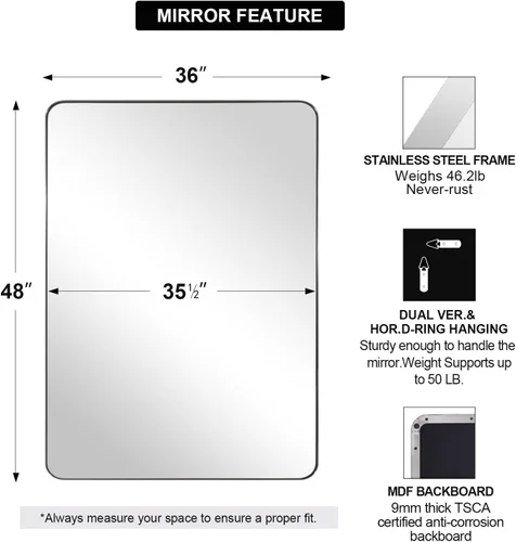 Miniatura 3 de ANDY STAR Espejo de baño cromado de 36 x 48 pulgadas, espejo de pared grande para baño, espejo rectangular redondeado en marco de metal de acero