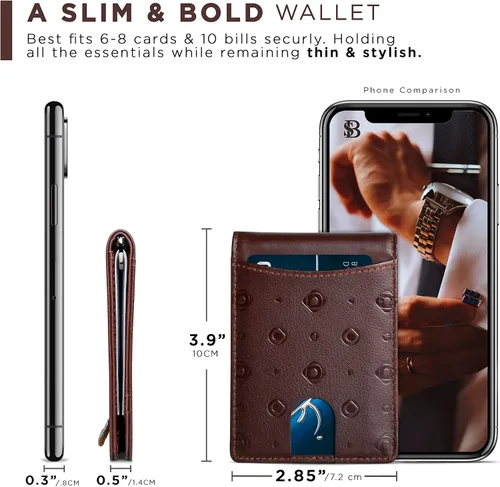 Miniatura 59 de SERMAN BRANDS - Billetera sencilla de cuero genuino con bloqueo RFID para hombre, billetera delgada con bolsillo frontal y clip para dinero