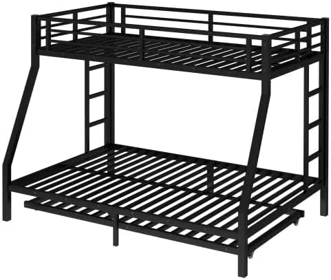 Miniatura 5 de Litera de metal con cama nido, marco de litera individual sobre matrimonial con 2 escaleras laterales y patas más gruesas, color negro