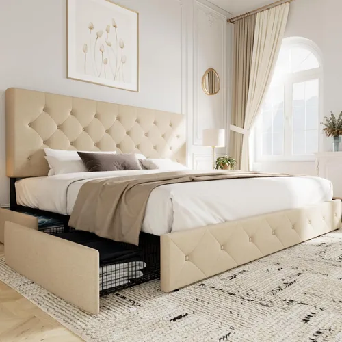 Miniatura 18 de Allewie - Base de cama tapizada de tamaño Full con plataforma, con 4 cajones de almacenamiento y cabecero, diseño cosido en cuadrados con botones
