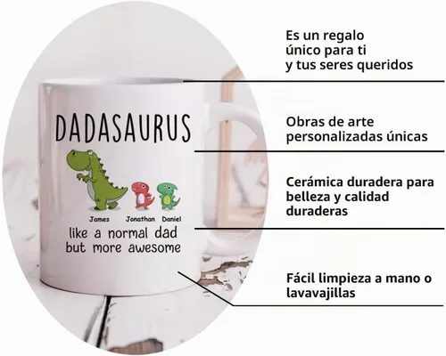 Miniatura 6 de Gossby DADASAURUS - Taza de café personalizada para papá, regalo personalizado para papá de un niño, hija, hijo, esposa con nombres, divertido día 2