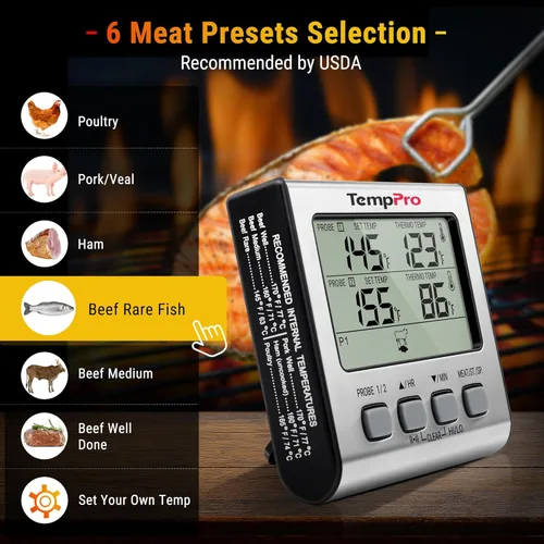 Miniatura 4 de Termómetro digital ThermoPro TP17 de doble sonda para cocinar carne, gran pantalla retroiluminada LCD, termómetro con temporizador para ahumador