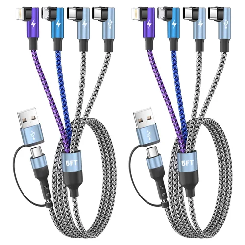 Miniatura 25 de Cargador de teléfono de 90 grados, cable de carga múltiple 4 en 2, cable USB C CarPlay con doble tipo C, micro USB, puerto IP, cable USBC de nailon
