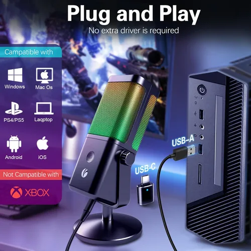 Miniatura 9 de VCOM - Micrófono USB para PC, micrófono RGB para juegos con botón de silencio, control de ganancia, conector de auriculares de monitoreo de 3.5 mm