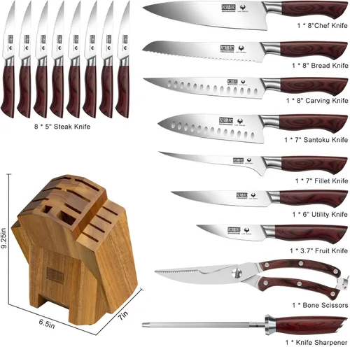 Miniatura 2 de HOSHANHO Juego de cuchillos de cocina con bloque de 18 piezas, juego de cuchillos de chef de acero inoxidable de carbono alto súper afilados, juego