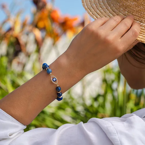 Miniatura 6 de VIBE MOOD ENERGY - Pulsera de protección Pulsera de cuentas de lapislázuli con dije contra el mal de ojo Pulsera de triple protección para aliviar