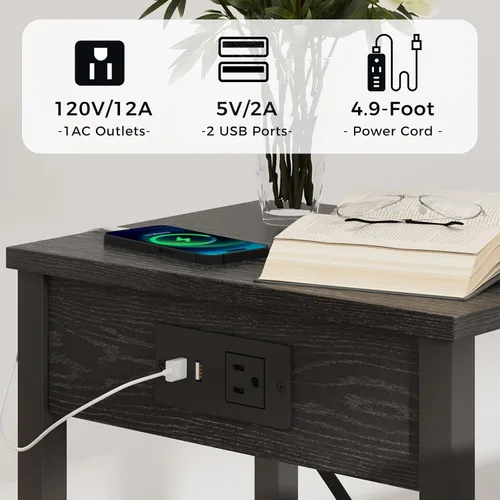 Miniatura 4 de VIMBER Mesa auxiliar con estación de carga, juego de 2 mesas auxiliares con puerto USB y tomas, mesitas de noche con estantes de almacenamiento de 2