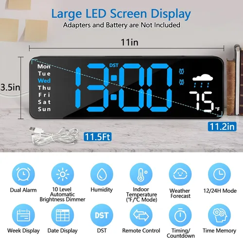 Miniatura 2 de Reloj de pared digital con control remoto para decoración de pared interior (azul) Large Display Plug in LED Digital Alarm Clocks with 12/24Hr