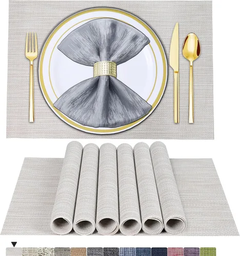 Miniatura 37 de BETEAM Juego de 4 manteles individuales de vinilo tejido para mesa de comedor, lavables, lavables, manteles individuales de cocina, duraderos