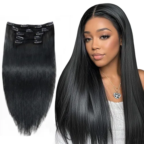 Miniatura 10 de Hetto - Extensiones de cabello humano onduladas con clip, color #2 castaño oscuro, extensiones de cabello humano natural para cabeza completa