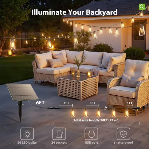 Miniatura 3 de KYY Luces de Cadena Solares de 78 Pies (72+6) para Exteriores con Puerto USB Control Remoto, LED Impermeables Alimentadas por Energía Solar