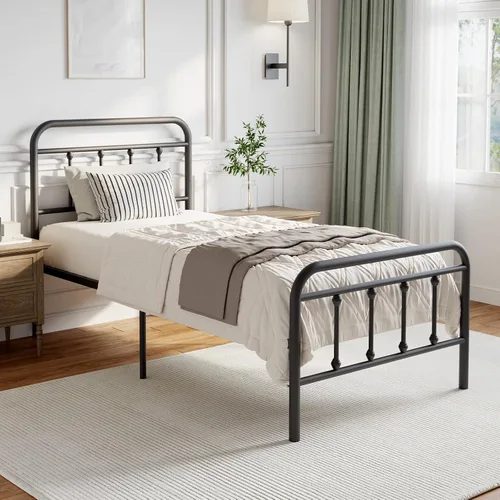 Miniatura 6 de Novilla Armazón de Cama de Metal Tamaño Twin - Estilo Victoriano Minimalista Moderno con Cabecera/Pie de Cama, Listones de Acero