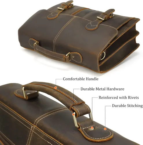 Miniatura 6 de Polare - Bolsa de mensajero de cuero de grano completo de 16 pulgadas para computadora portátil, bolsa de trabajo profesional para hombres