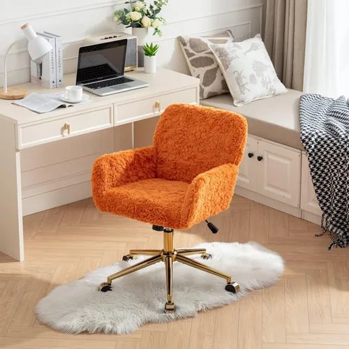 Miniatura 11 de SSLine Silla de escritorio de piel sintética, moderna y bonita silla de oficina, cómoda silla giratoria de tela de peluche mullida con ruedas