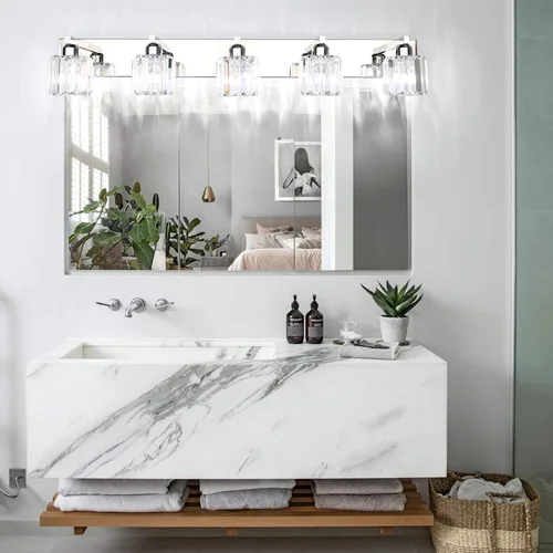 Miniatura 4 de Aipsun Lámpara de tocador de baño de cristal de acero inoxidable, moderna, 5 luces, accesorios de tocador de baño de cristal (no incluye bombilla)