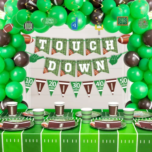 Miniatura 7 de Decoraciones para fiestas de fútbol – 100 piezas de suministros para fiestas que sirven 24, pancartas de retocar, platos, mantel, taza y servilletas