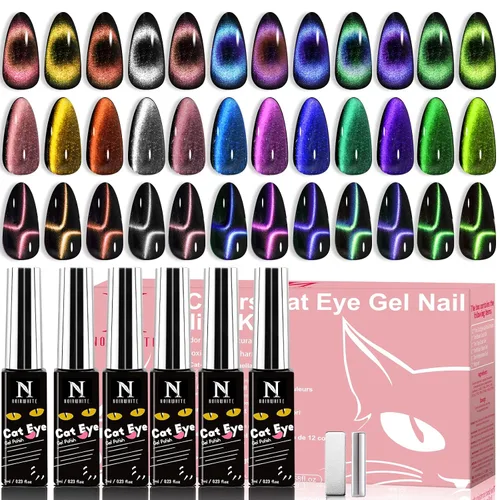 Miniatura 14 de Kit de esmalte de uñas de gel, 12 colores brillantes con purpurina 9D camaleón ojo de gato, juego de esmalte de uñas de gel con base de luz