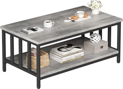 Homeiju - Mesa de café para sala de estar con marco lateral a lamas, mesa moderna de granja para sala de estar con estante de almacenamiento de 2