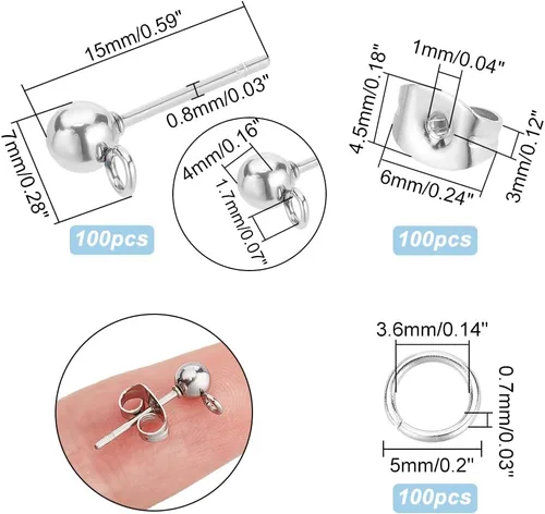 Miniatura 2 de PH PandaHall 300 aretes de bola, de acero inoxidable 304, con parte trasera de aretes de mariposa y anillos abiertos para hacer aretes de joyería