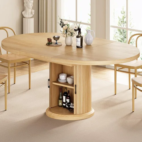 Jocoevol Mesa de comedor redonda extensible de 47 a 63 pulgadas para 4 a 8 personas con estante de almacenamiento de 2 niveles a prueba de polvo,