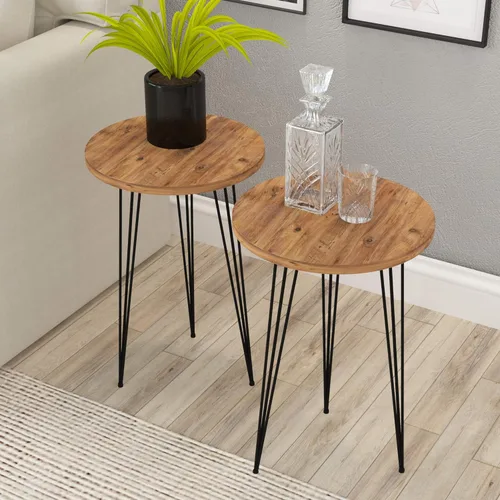 Miniatura 9 de Juego de 2 mesas auxiliares redondas de madera para sofá para espacios pequeños, mesita de noche con patas de metal para dormitorio, sala de estar