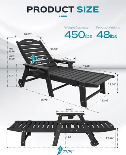 Miniatura 3 de Silla de Descanso para Exteriores, Silla de Descanso Chaise Lounge de Gran Tamaño con 5 Posiciones, HDPE, Silla de Descanso para Patio con Ruedas
