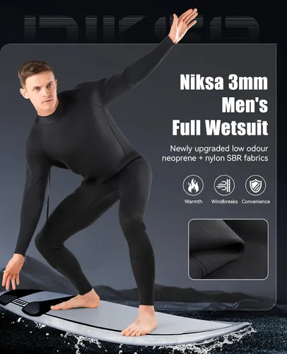Miniatura 3 de Niksa Men Wetsuit 3/2mm, SBR Neoprene Full Wet Suit YKK Back Zip for Surfing Swimming Diving Water Sports Negro