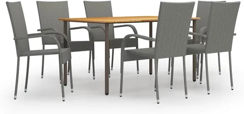 Ensemble de Salle à Manger Extérieur 7 pièces en Acacia massif et rotin synthétique gris, résistant aux intempéries, Pour Jardin terrasse, Design