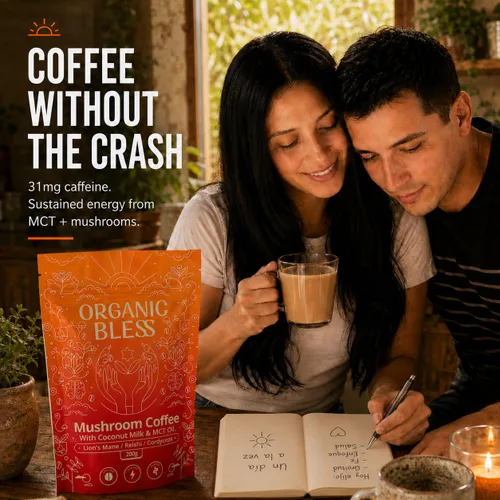 Miniatura 3 de Organic Bless Café instantáneo de hongos con melena de león, reishi y cordyceps – Leche de coco y aceite MCT para una energía suave y concentración