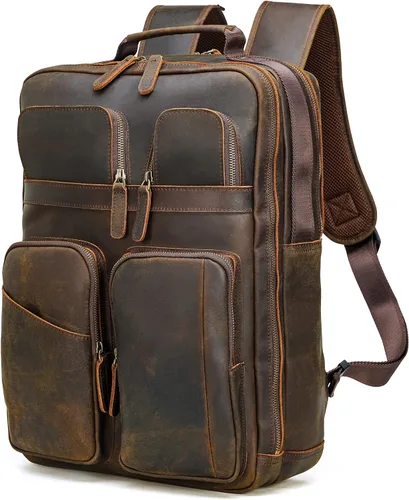 Mochila de cuero de grano completo para hombres, mochila de viaje para laptop de 17.3 pulgadas, mochila con múltiples bolsillos con cremalleras YKK,