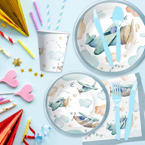 Miniatura 3 de Suministros para fiesta de cumpleaños de avión – Vajilla de decoración de aviones, plato de papel, taza, servilleta, tenedor, vajilla de baby shower