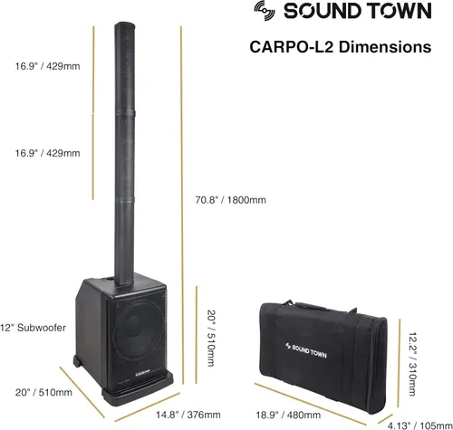 Miniatura 4 de Sound Town Sistema portátil PA/DJ de columna de matriz de línea con subwoofer alimentado de 12 pulgadas, TWS Bluetooth, DSP, bolsa de transporte