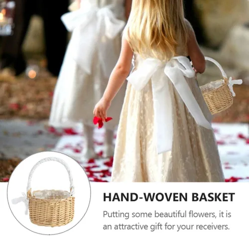 Miniatura 4 de Yardwe Cesta de niña, cesta de boda, cesta de mimbre con cinta, para boda, Pascua, cumpleaños