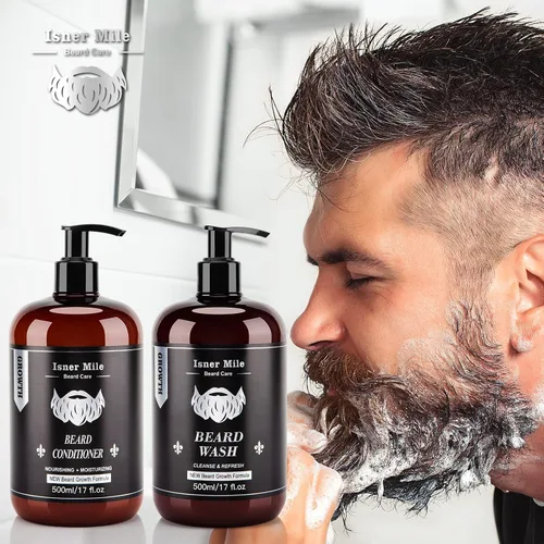 Miniatura 7 de ISNER MILE Set de lavado y acondicionador para barba de 17 onzas, nueva fórmula con biotina, argán y aceites de jojoba, champú suave y fortalecedor