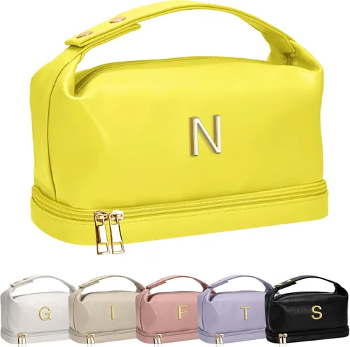 Miniatura 122 de Bolsa de maquillaje con asa, bolsa de cosméticos impermeable de doble capa, bolsas de maquillaje de cuero PU de gran capacidad con letra, bolsa