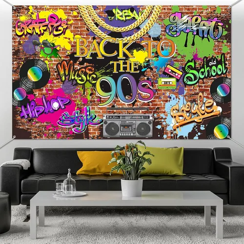 Miniatura 4 de Telón de fondo de los años 90 para decoraciones de fiesta, pancarta de graffiti de hip hop, decoración de fiesta temática de regreso a los 90, pared