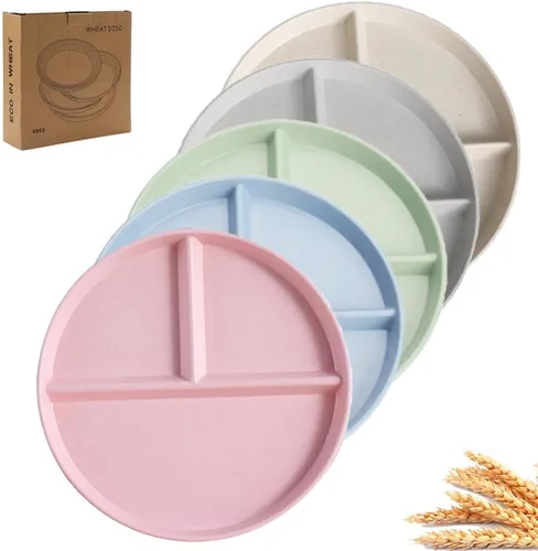 PUPOPIK Juego de 5 platos divididos irrompibles de 9 pulgadas, platos de paja de trigo reutilizables, vajilla de control de porciones, plato redondo