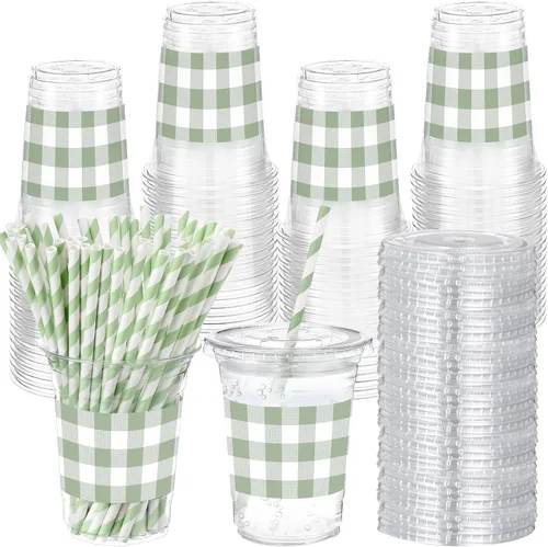 Miniatura 7 de Sliner 50 juegos de vasos de plástico a cuadros de 16 onzas con tapas y pajitas de papel, vasos desechables transparentes para fiesta de autos