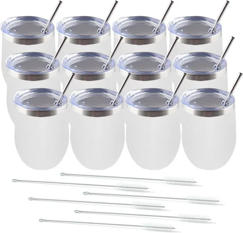 Miniatura 15 de Amtidy Paquete de 12 vasos de acero inoxidable con recubrimiento en polvo con tapa, equipado con popote y cepillo para pajilla, vaso de viaje
