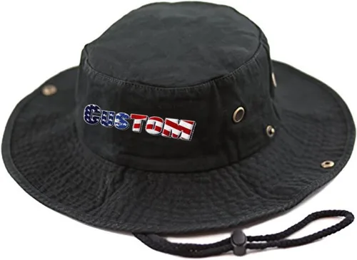 Logotipo personalizado y texto Boonie Bucket Sun Hat Verano Pesca al aire libre Gorra de sol Logo bordado con correa de barbilla y lados a presión