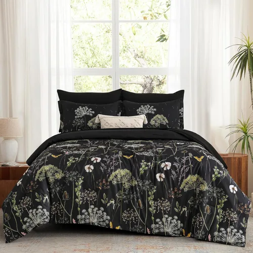 Miniatura 8 de Yiran - Juego de edredón Queen de 7 piezas, juego de ropa de cama con motivos de diente de león negro, cama de invierno en una bolsa Queen, juego