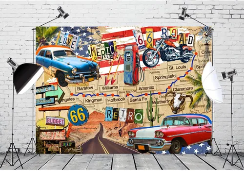 Miniatura 3 de HANYING Telón de fondo vintage de ruta 66, motocicleta clásica para automóvil, estación de servicio, mapa de ruta, fotografía, fondo retro, fiesta