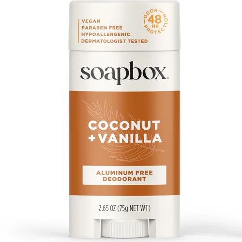 Soapbox Desodorante natural sin aluminio, aroma a coco y vainilla, no tóxico y vegano para uso diario, ingredientes limpios libres de productos